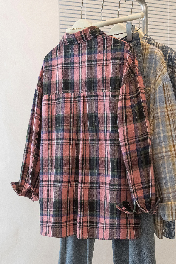 Stylish Plaid Collared Long-sleeved Pockets Casual Loose Shirt