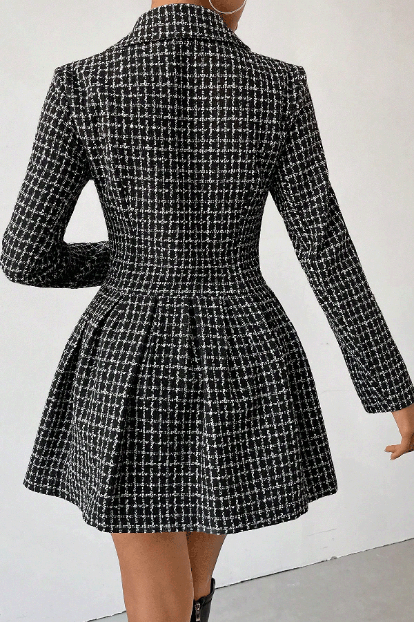 Plaid Print Lapel Long Sleeve Office Mini Dress-consonak