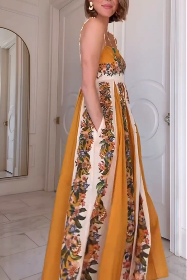 Bloom Bright Linen Blend Floral Print Beaded Shoulder Straps Pocket Maxi Dress-consonak