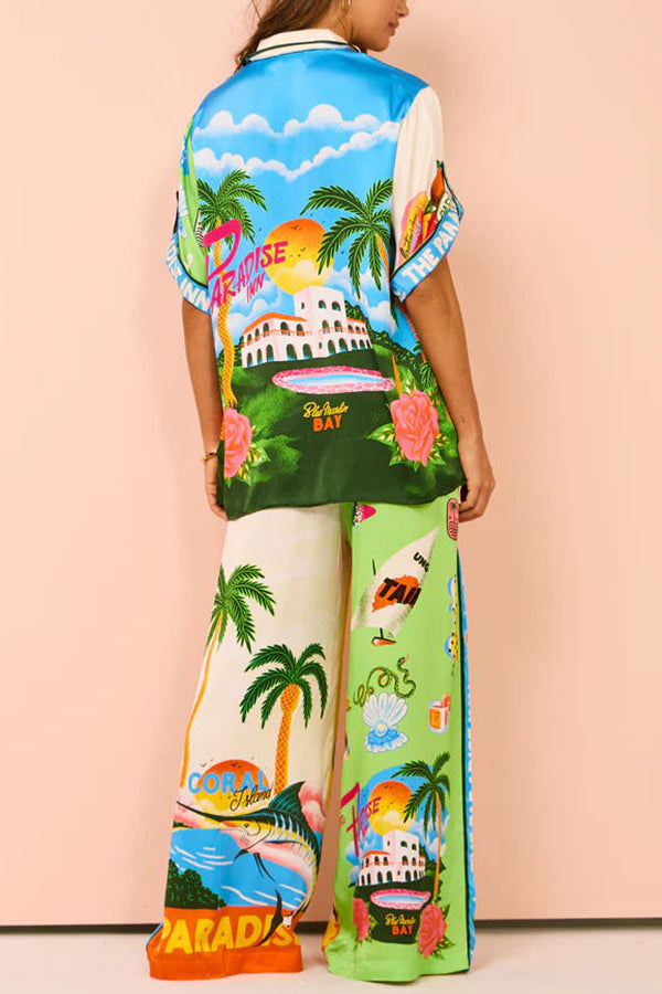 Kissed By The Sun Satin Unique Print Colorblock Button Down Oversized Blouse | Consonak