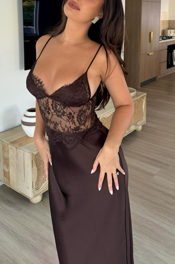 Fashionable Satin Lace Patchwork Sheer V-neck Elegant Slim-fit Maxi Dress | Consonak