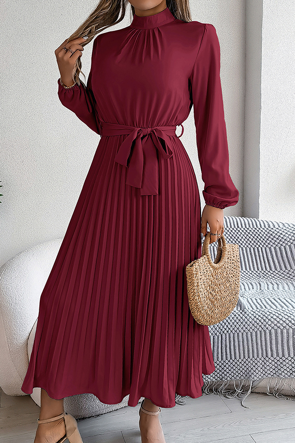 Elegant Stand-collar Long-sleeve Waisted Tie-up Pleated Midi Dress-consonak