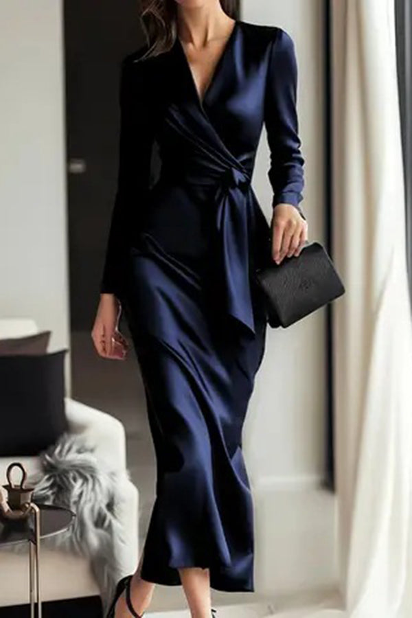 Solid Color Satin V-neck Long Sleeve Waist Tie Slim Midi Dress-consonak