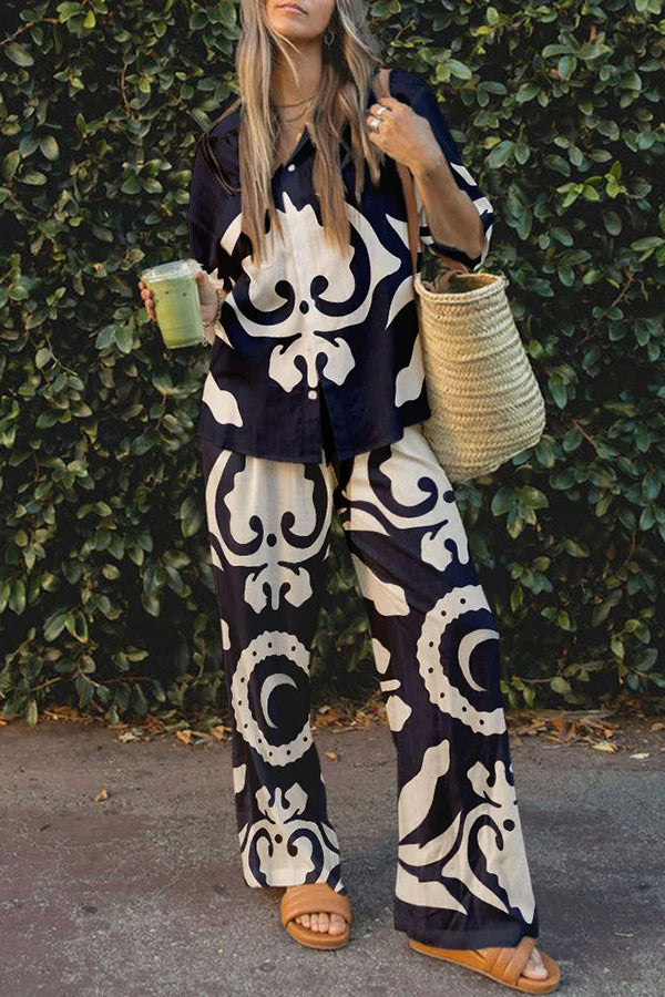 Abstract World Print Button Elastic Waist Pants Set-consonak