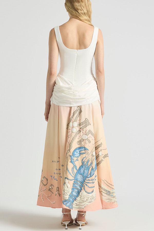 Jino Unique Lobster Print Square Neck Ruched Drape Hip Maxi Dress