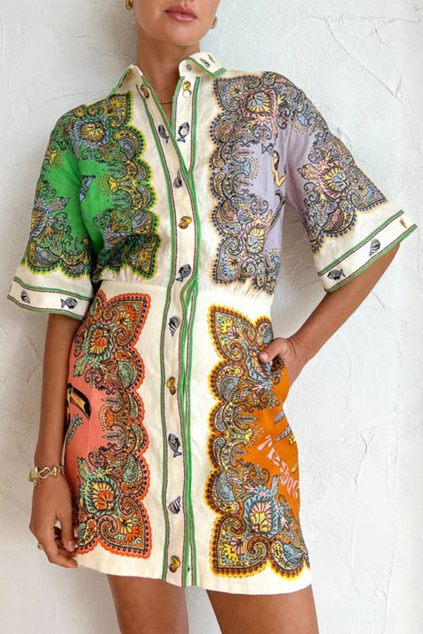 Coco Girls Mermaid Print Button Down Pockered Shirt Mini Dress-consonak