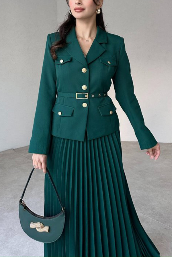 Solid Color Lapel Button Belt Blazer and Pleated Casual Maxi Skirt Set-consonak