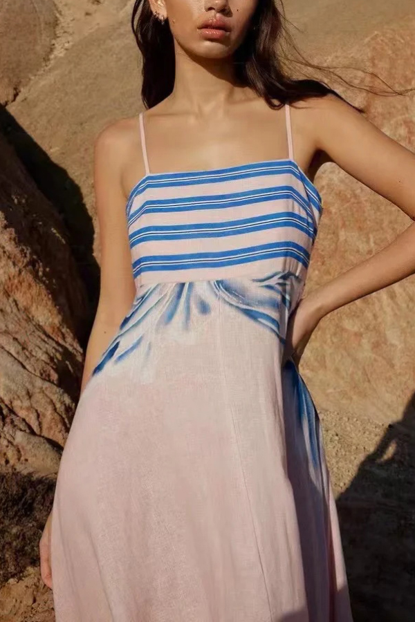 Unique Print Square Neck Spaghetti Strap Back Gathered Maxi Dress