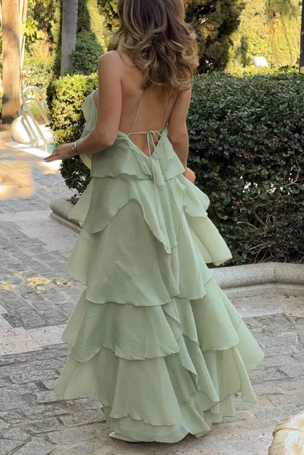 Romantic Summer Chiffon Tiered Ruffle Deep V-Back Halter A-line Maxi Design | Consonak