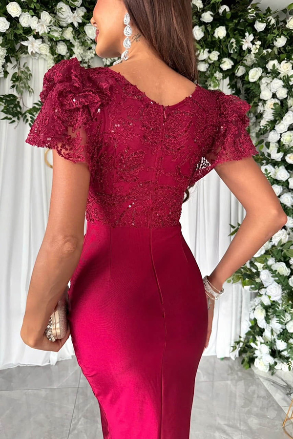 Dreamy Luxury Lace and Satin Patchwork Ruffle Sleeve Ruched Midi Dress | Consonak