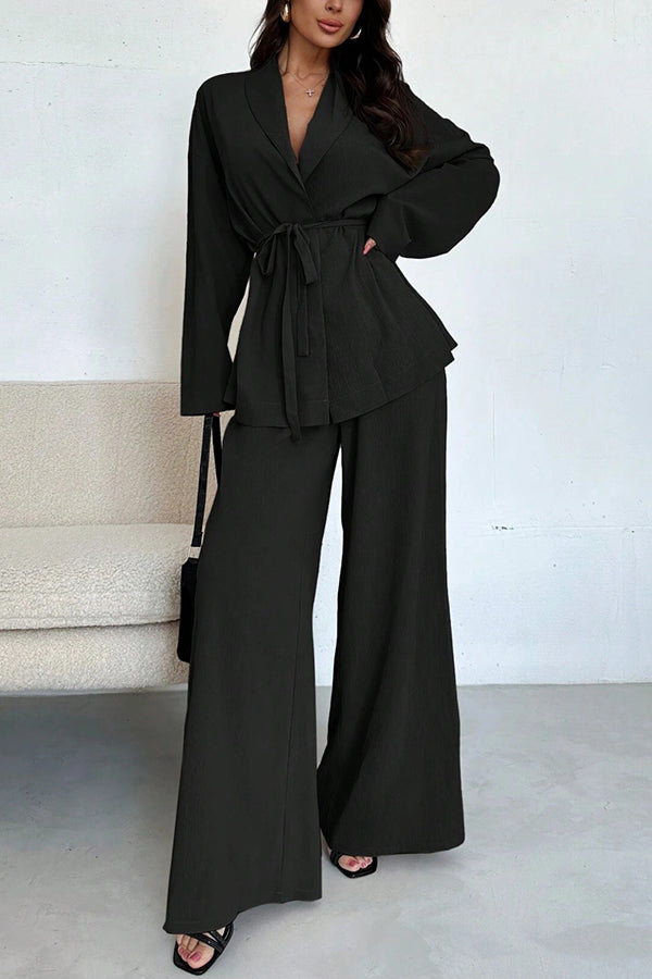 Solid Color Collared Long-sleeved Tie-waist Loose Top and Elastic Waist Casual Wide-leg Pants Set-consonak