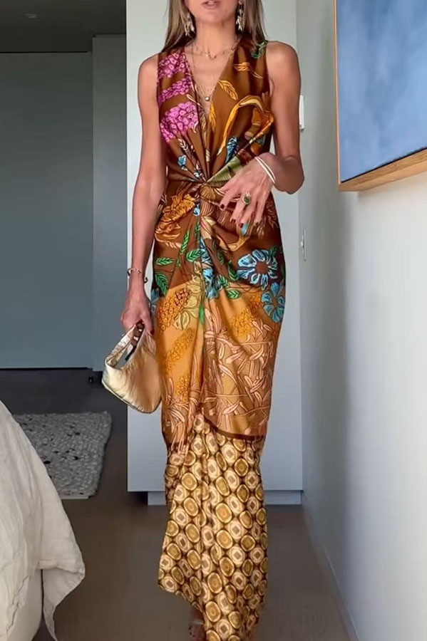 Naturally Inspired Satin Unique Floral Print Twist Waist Slit Drape Maxi Dress-consonak