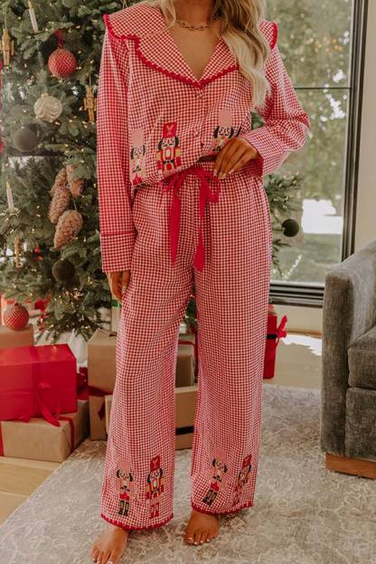 Nutcracker Charm Embroidered Gingham Loose Shirt and Elastic Waist Pajama Set-consonak