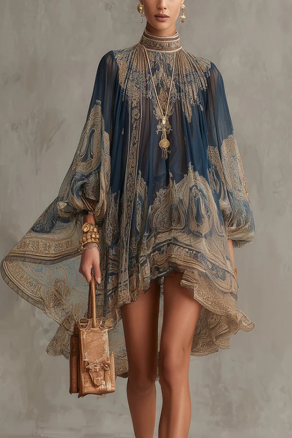 Baroque Print High-neck Irregular Chiffon Mini Dress-Consonak