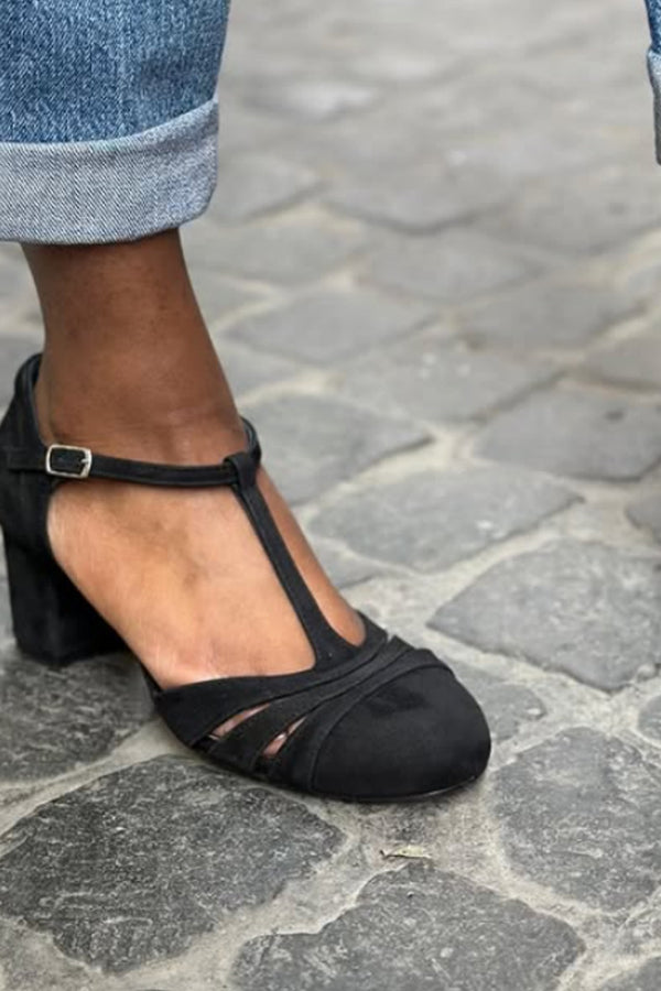 Color-blocked Faux Suede Chunky Heel Sandals-Consonak