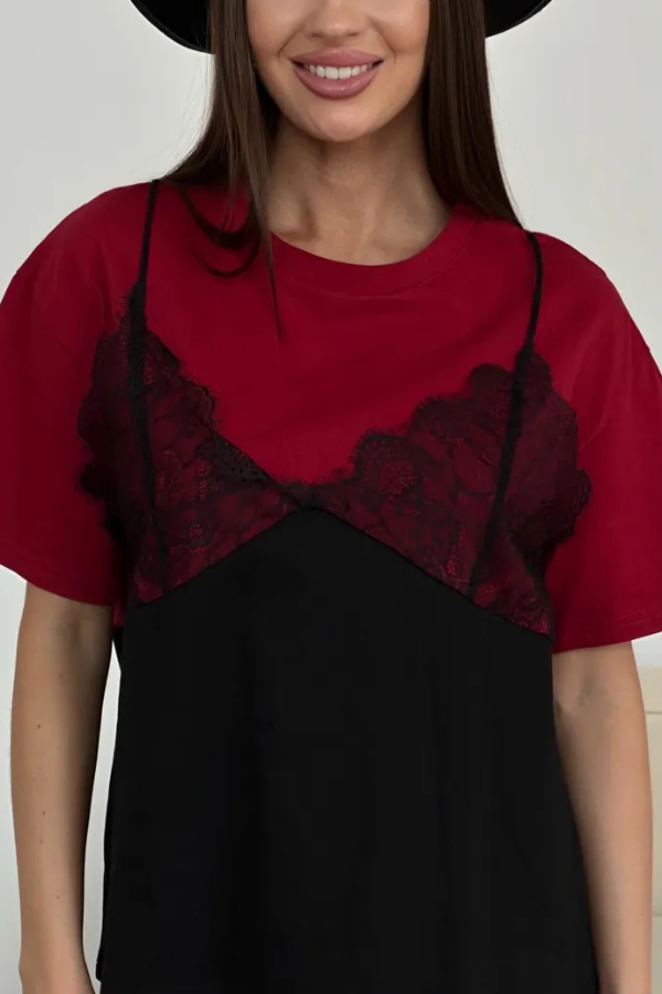 Fashionable Lace Patchwork Loose-fitting Round Neck Short-sleeved T-shirt