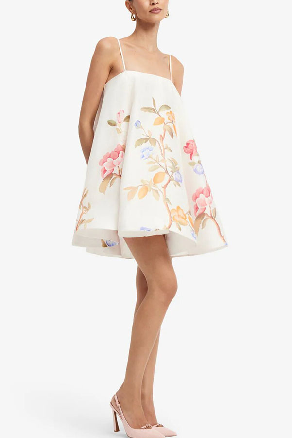 Blossoms Climb Lemon Vine Print Adjustable Straps A-line Mini Dress-consonak