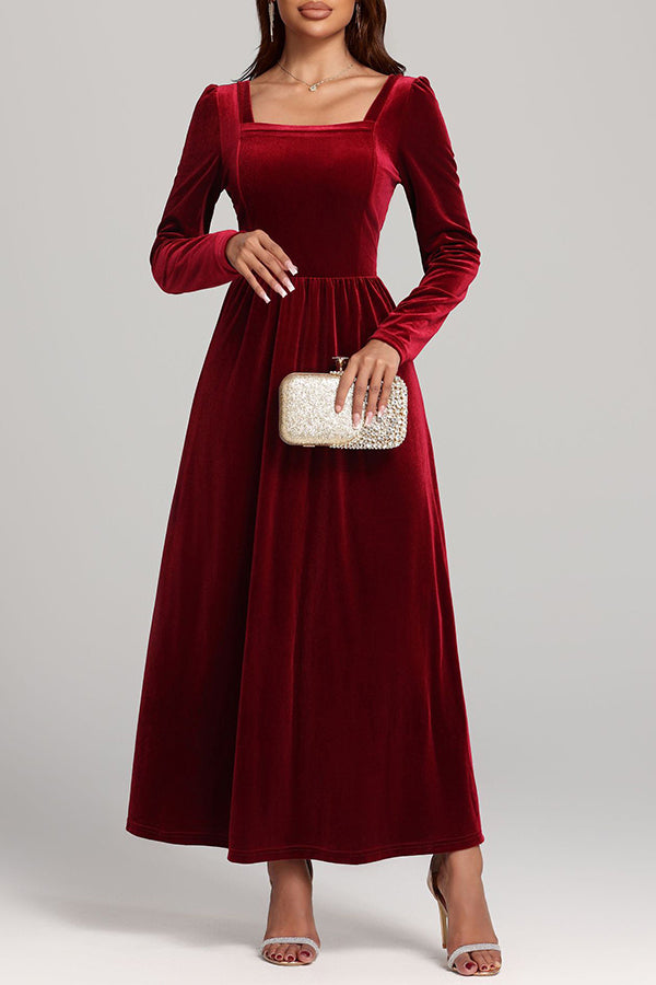 Solid Color Velvet Square Neck Long Sleeve Elegant Maxi Dress-consonak