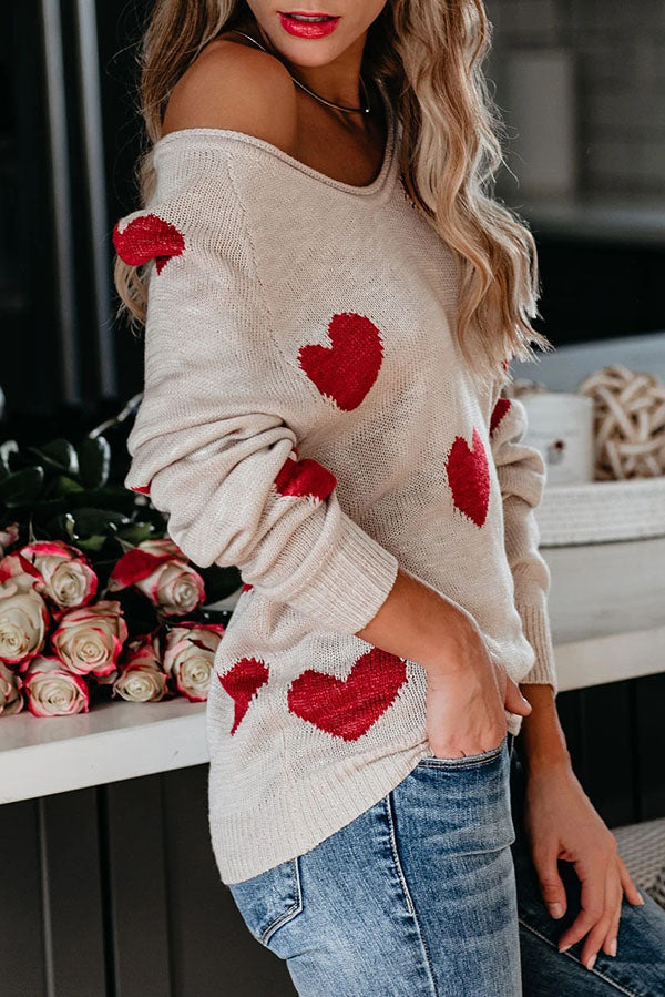 Stylish Color-blocked Heart-patterned Long-sleeved Loose Knit Sweater-consonak