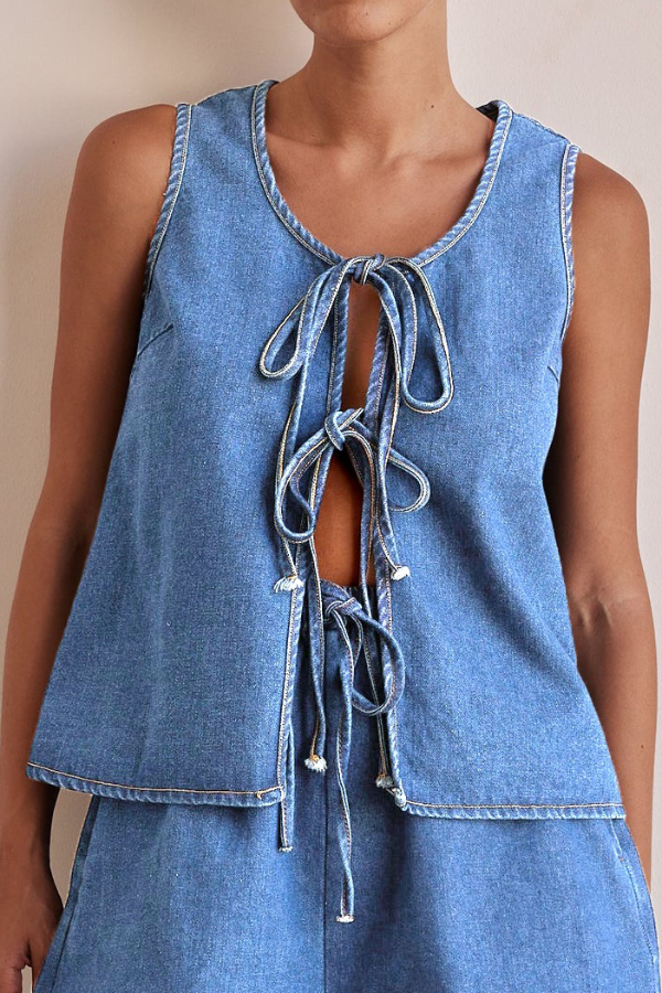 Stylish Sleeveless Round Neck Tie-up Casual Denim Vest