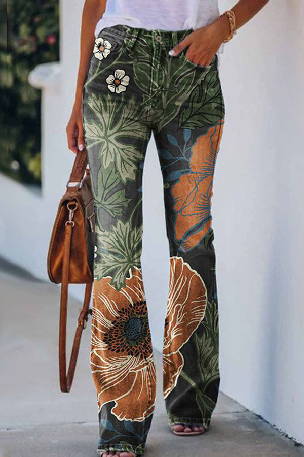 On A Drive Printed Faux Denim High Rise Flare Pants-consonak