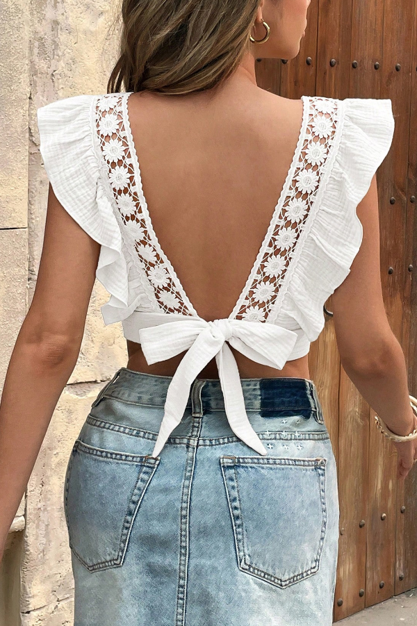 Solid Color Square Neck Lace Trim Slim-fit Cropped Top-consonak