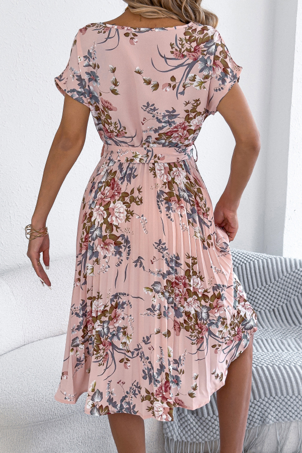 Floral Print Round Neck Fitted Waist Tie Pleated Midi Dress-consonak