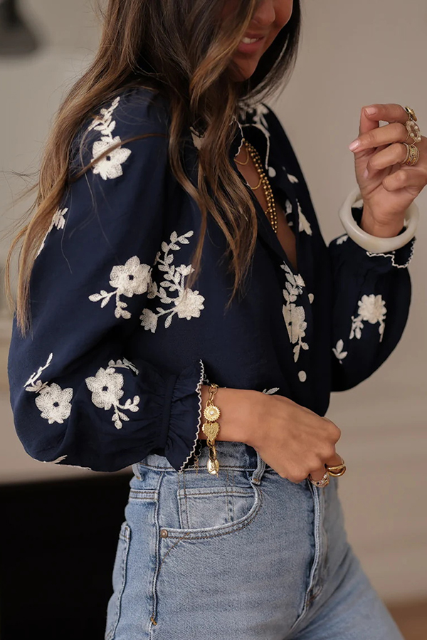 Floral Embroidery Long-Sleeved Button-Up Elegant Shirt-consonak