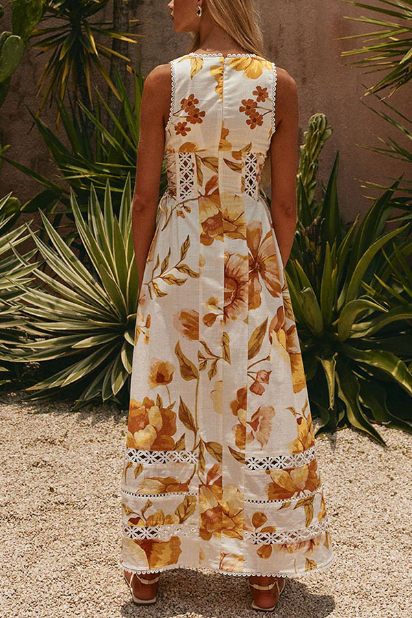 Clover Linen Blend Floral Print Cutout Trim Button Up Side Lace-up Maxi Dress-consonak