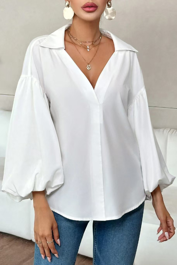 Stylish Polka Dot Print Collared Puff Sleeve Loose Shirt | Consonak