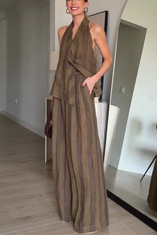 Aloof Style Striped Linen Blend Halter Vest and High Rise Button Pocket Wide Leg Pants Set | Consonak