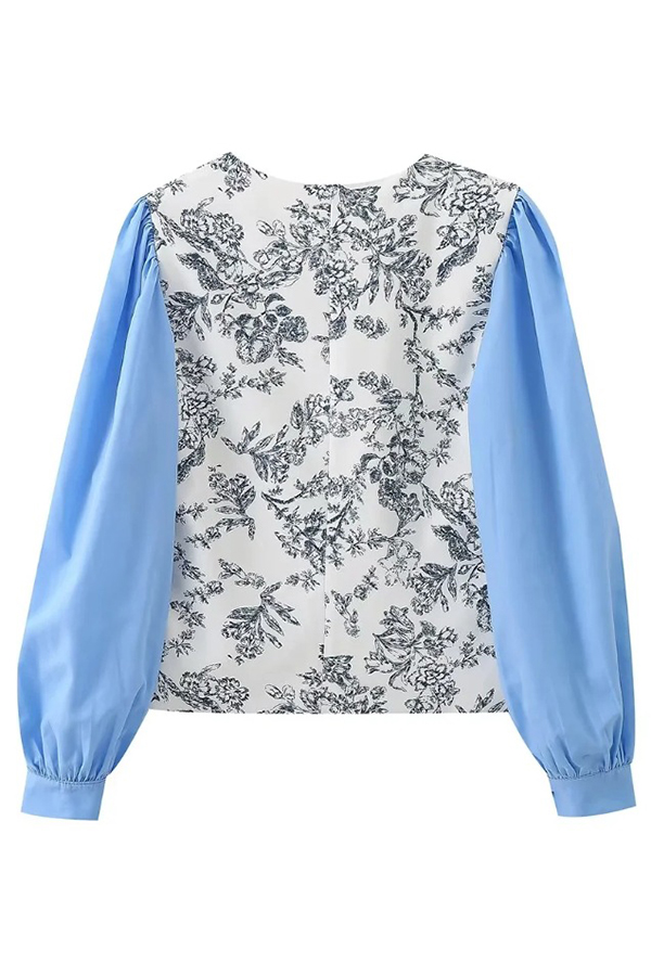 Botanical Print V-neck Patchwork Long-sleeved Top-consonak