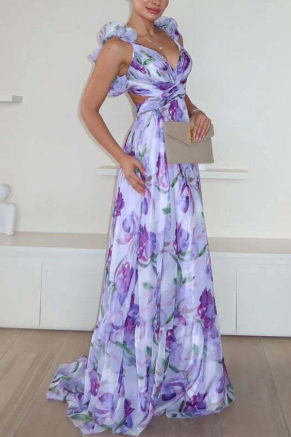 Whimsy Grace Tulle Floral Ruffle Detail Back Lace-up Pleated Maxi Dress-consonak