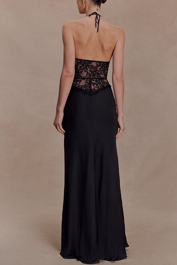 Timeless Silhouette Lace and Satin Halter Backless Drape Maxi Dresset-consonak