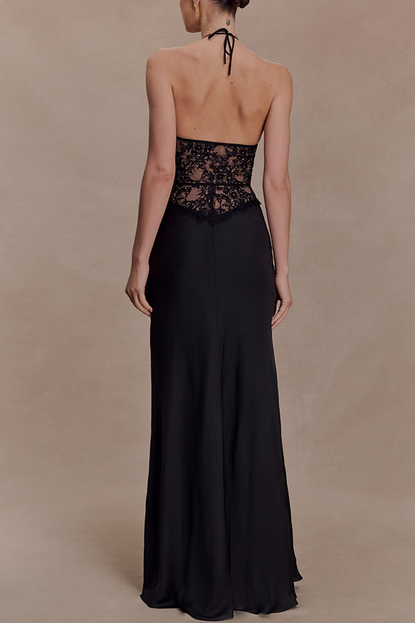 Timeless Silhouette Lace and Satin Halter Backless Drape Maxi Dresset-consonak