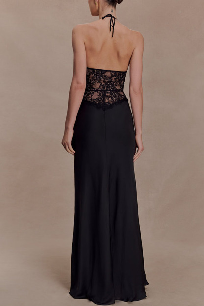 Timeless Silhouette Lace and Satin Halter Backless Drape Maxi Dresset-consonak