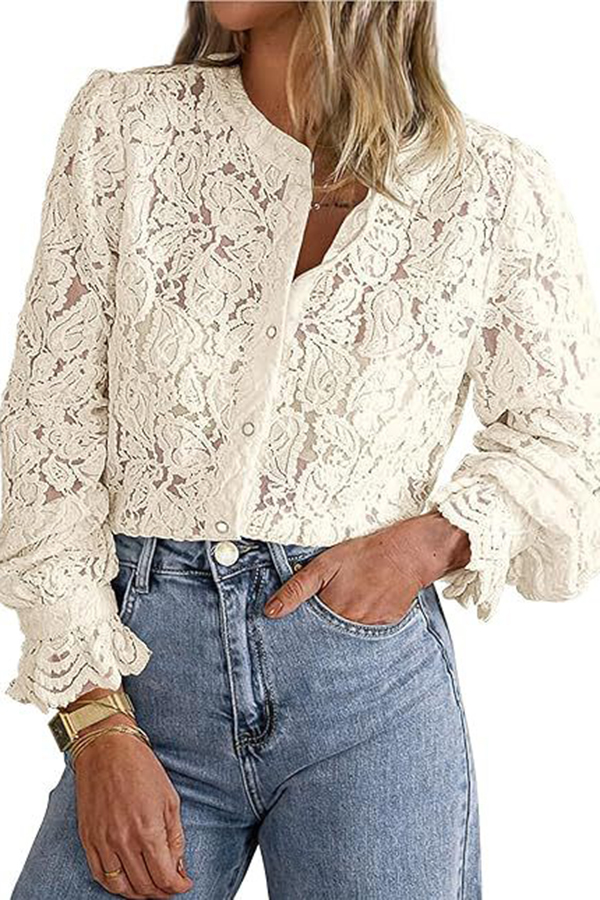 Fashionable Lace Long-sleeved Casual Button-down Shirt-consonak