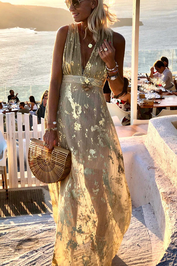 Golden Sunset Stories V-neck Maxi Dress | Consonak