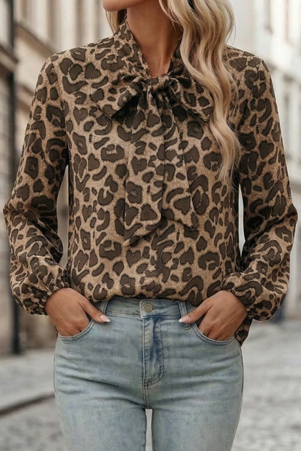 Leopard Print Bow Collar Long-sleeved Loose Shirt-consonak