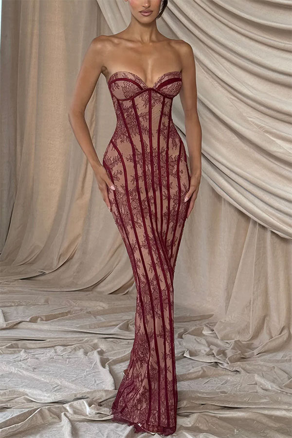 Sian Floral Lace Contrast Structural Detail Back Lace-up Strapless Slit Maxi Dress | Consonak