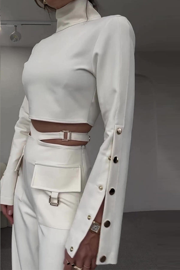 Leia High Neck Button Bell Sleeve Top and Cutout Waist Metal Pocketed Flare Pants Set-consonak