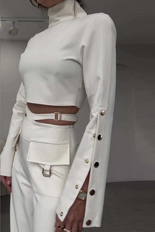 Leia High Neck Button Bell Sleeve Top and Cutout Waist Metal Pocketed Flare Pants Set-consonak