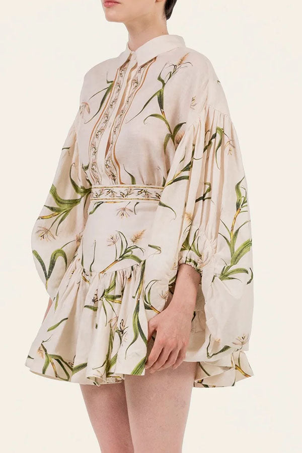 Botanical Print Puff-Sleeve Blouse & Ruffled Skirt Set-Consonak