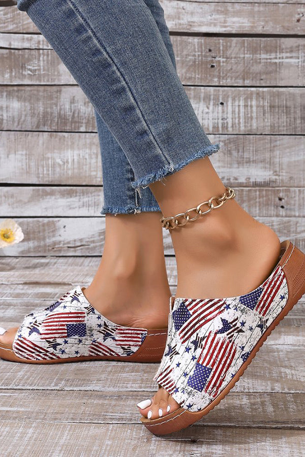 Independence Day Stars and Stripes Wedge Heel Peep Toe Slides-consonak