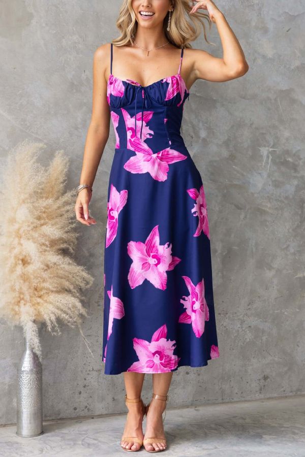 Floral Print Spaghetti Strap Backless Tie-up Elegant Slim-fit Midi Dress-consonak