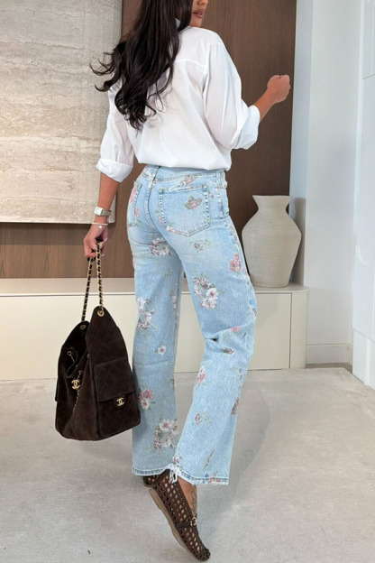 Darling Day Denim Colorful Floral Print High Rise Pocket Straight Leg Jeans-consonak