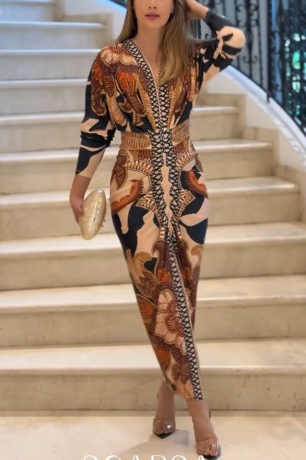 Brazilian Style Unique Print Dolman Long Sleeve Ruched Slit Midi Dress  Vestidos | Consonak