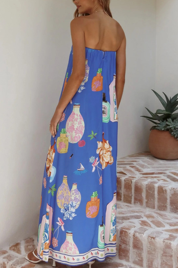 Linen Blend Perfume Bottle Print Sleeveless Off-shoulder Casual Pocket Vacation Maxi Dress-consonak