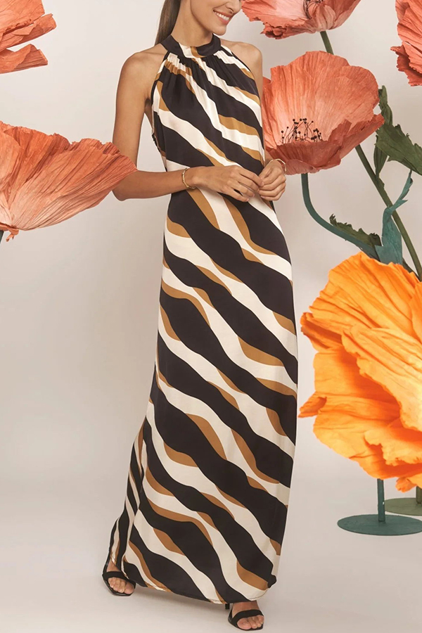 Uptown Cafe Satin Color Block Print Tie-up Neck Maxi Dress-consonak