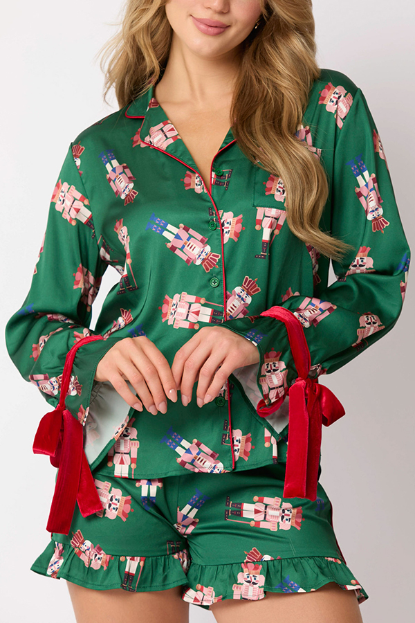 Christmas Fashion Printed Bow Tie Top and Elastic Waist Ruffle Shorts Set-consonak